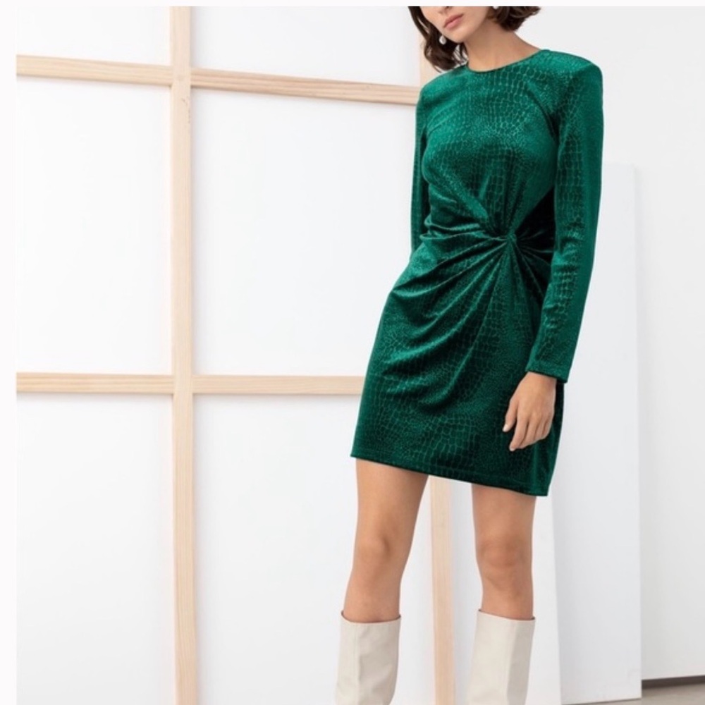 & Other Stories Teal Velvet Long Sleeve Dress
